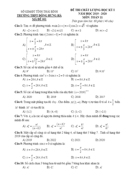đề thi học kì 1 toán 11 năm 2019 – 2020 trường đông hưng hà – thái bình