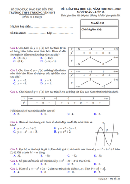 đề thi học kì 1 toán 12 năm 2021 – 2022 trường thpt trương vĩnh ký – bến tre