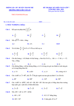 đề thi học kì 1 toán 7 năm 2020 – 2021 trường thcs chu văn an – hà nội