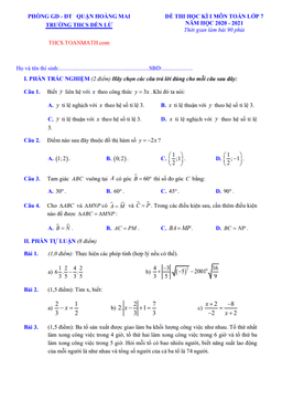 đề thi học kì 1 toán 7 năm 2020 – 2021 trường thcs đền lừ – hà nội