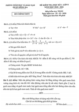 đề thi học kì 1 toán 8 năm 2020 – 2021 phòng gd&đt đống đa – hà nội