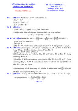 đề thi học kì 1 toán 8 năm 2020 – 2021 trường thcs giảng võ – hà nội
