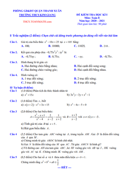 đề thi học kì 1 toán 8 năm 2020 – 2021 trường thcs kim giang – hà nội
