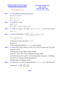 đề thi học kì 1 toán 8 năm 2020 – 2021 trường thcs nguyễn trãi – hà nội