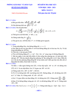 đề thi học kì 1 toán 9 năm 2020 – 2021 phòng gd&đt đan phượng – hà nội