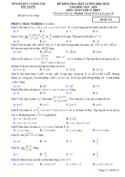 đề thi học kì 2 môn toán 11 thpt năm học 2019 – 2020 sở gd&đt bắc giang