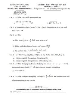 đề thi học kì 2 toán 10 năm 2019 – 2020 trường diên hồng – tp hcm