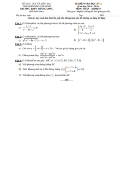 đề thi học kì 2 toán 10 năm 2019 – 2020 trường thpt thăng long – tp hcm