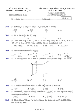 đề thi học kì 2 toán 11 năm 2018 – 2019 trường đoàn thượng – hải dương