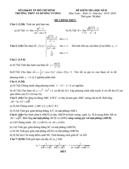 đề thi học kì 2 toán 11 năm 2019 – 2020 trường thpt an dương vương – tp hcm