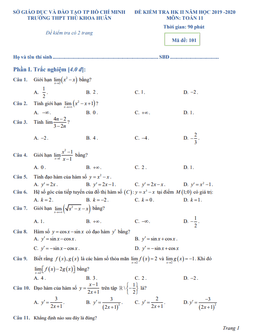 đề thi học kì 2 toán 11 năm 2019 – 2020 trường thpt thủ khoa huân – tp hcm