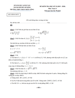 đề thi học kì 2 toán 11 năm 2019 – 2020 trường thpt trần nhân tông – tp hcm