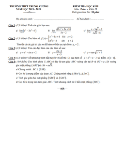 đề thi học kì 2 toán 11 năm 2019 – 2020 trường thpt trưng vương – tp hcm