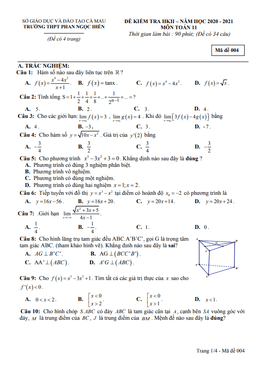 đề thi học kì 2 toán 11 năm 2020 – 2021 trường phan ngọc hiển – cà mau