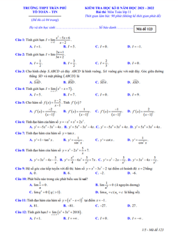 đề thi học kì 2 toán 11 năm 2021 – 2022 trường thpt trần phú – phú yên