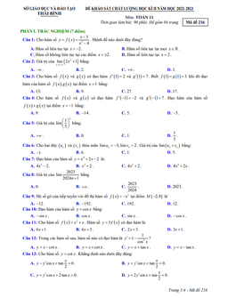đề thi học kì 2 toán 11 năm 2022 – 2023 sở gd&đt thái bình
