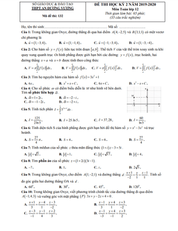 đề thi học kì 2 toán 12 năm 2019 – 2020 trường thpt an dương vương – tp hcm
