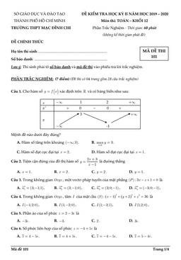 đề thi học kì 2 toán 12 năm 2019 – 2020 trường thpt mạc đĩnh chi – tp hcm