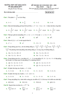 đề thi học kì 2 toán 12 năm 2019 – 2020 trường thpt thủ khoa huân – tp hcm