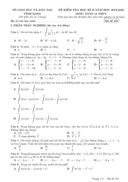 đề thi học kì 2 toán 12 thpt năm học 2019 – 2020 sở gd&đt vĩnh long