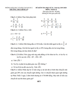 đề thi học kì 2 toán 6 năm 2019 – 2020 trường thcs bình an – tp hcm