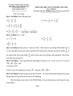 đề thi học kì 2 toán 6 năm 2019 – 2020 trường thcs bình tây – tp hcm