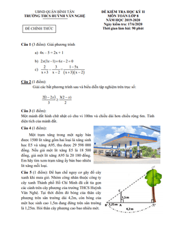 đề thi học kì 2 toán 8 năm 2019 – 2020 trường thcs huỳnh văn nghệ – tp hcm