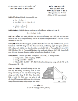 đề thi học kì 2 toán 8 năm 2019 – 2020 trường thcs nguyễn huệ – tp hcm