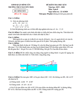 đề thi học kì 2 toán 8 năm 2019 – 2020 trường thcs nguyễn trãi – tp hcm