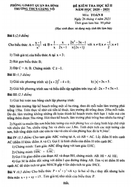 đề thi học kì 2 toán 8 năm 2020 – 2021 trường thcs giảng võ – hà nội