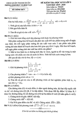 đề thi học kì 2 toán 9 năm 2019 – 2020 phòng gd&đt thanh xuân – hà nội