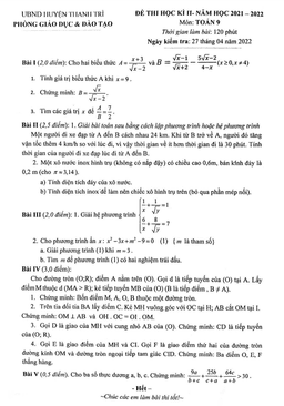đề thi học kì 2 toán 9 năm 2021 – 2022 phòng gd&đt thanh trì – hà nội