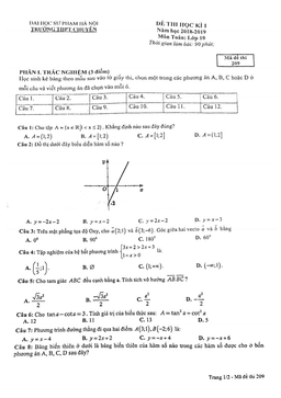 đề thi học kỳ 1 toán 10 năm 2018 – 2019 trường thpt chuyên đhsp – hà nội