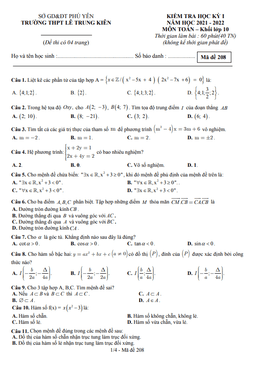đề thi học kỳ 1 toán 10 năm 2021 – 2022 trường thpt lê trung kiên – phú yên