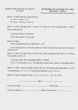 đề thi học kỳ 1 toán 11 năm học 2017 – 2018 trường thpt nguyễn trường tộ – tt huế