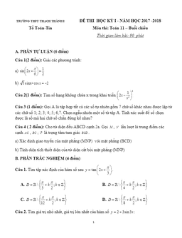 đề thi học kỳ 1 toán 11 năm học 2017 – 2018 trường thpt thạch thành 1 – thanh hóa