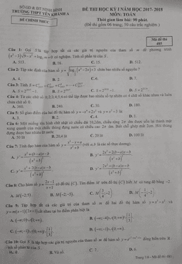 đề thi học kỳ 1 toán 12 năm học 2017 – 2018 trường thpt yên khánh a – ninh bình