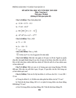 đề thi học kỳ 1 toán 6 năm 2019 – 2020 phòng gd&đt quận 12 – tp hcm