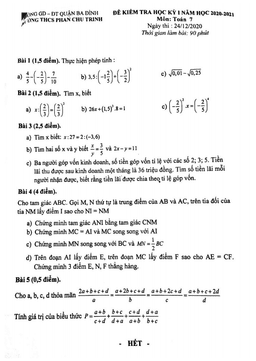 đề thi học kỳ 1 toán 7 năm 2020 – 2021 trường thcs phan chu trinh – hà nội