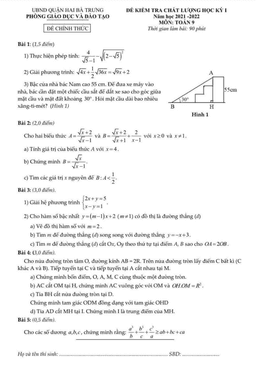đề thi học kỳ 1 toán 9 năm 2021 – 2022 phòng gd&đt hai bà trưng – hà nội