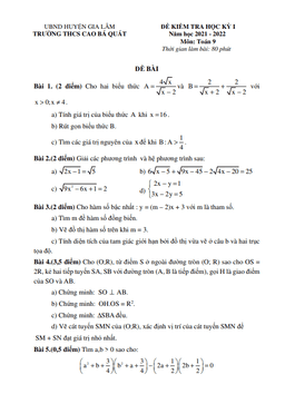 đề thi học kỳ 1 toán 9 năm 2021 – 2022 trường thcs cao bá quát – hà nội