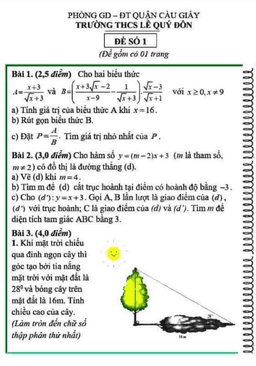 đề thi học kỳ 1 toán 9 năm 2021 – 2022 trường thcs lê quý đôn – hà nội