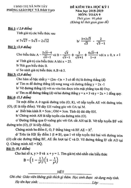 đề thi học kỳ 1 toán 9 năm học 2018 – 2019 phòng gd và đt sơn tây – hà nội