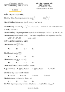đề thi học kỳ 2 toán 11 năm 2017 – 2018 trường lý thánh tông – hà nội
