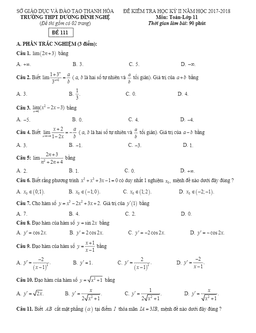 đề thi học kỳ 2 toán 11 năm 2017 – 2018 trường thpt dương đình nghệ – thanh hóa