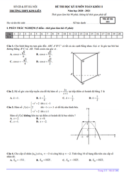 đề thi học kỳ 2 toán 11 năm 2020 – 2021 trường thpt kim liên – hà nội