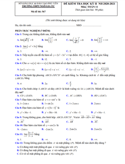 đề thi học kỳ 2 toán 11 năm 2020 – 2021 trường thpt ngô gia tự – phú yên