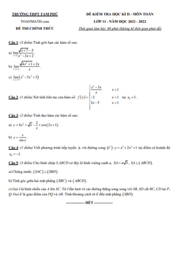 đề thi học kỳ 2 toán 11 năm 2021 – 2022 trường thpt tam phú – tp hcm