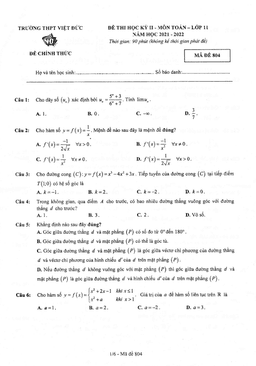 đề thi học kỳ 2 toán 11 năm 2021 – 2022 trường thpt việt đức – hà nội