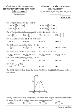 đề thi học kỳ 2 toán 12 năm 2017 – 2018 trường chuyên lê hồng phong – nam định